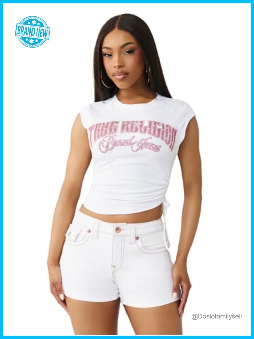 True Religion Crystal Side Ruched Short Sleeve Baby Top Cropped Tee